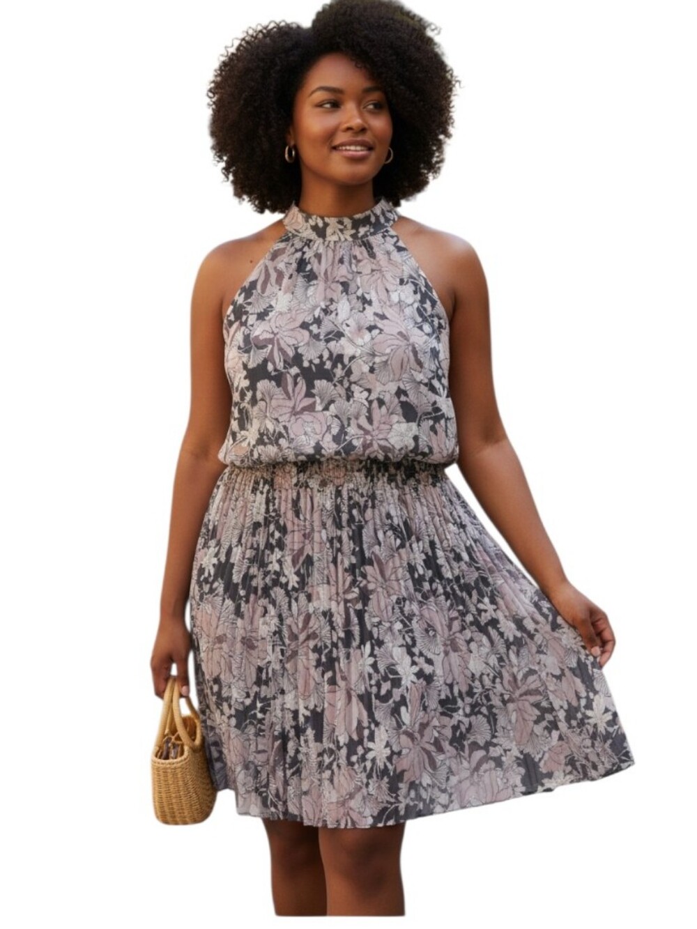 Addition Elle Floral Pleated Halter Dress Pink Gray Size 3XL